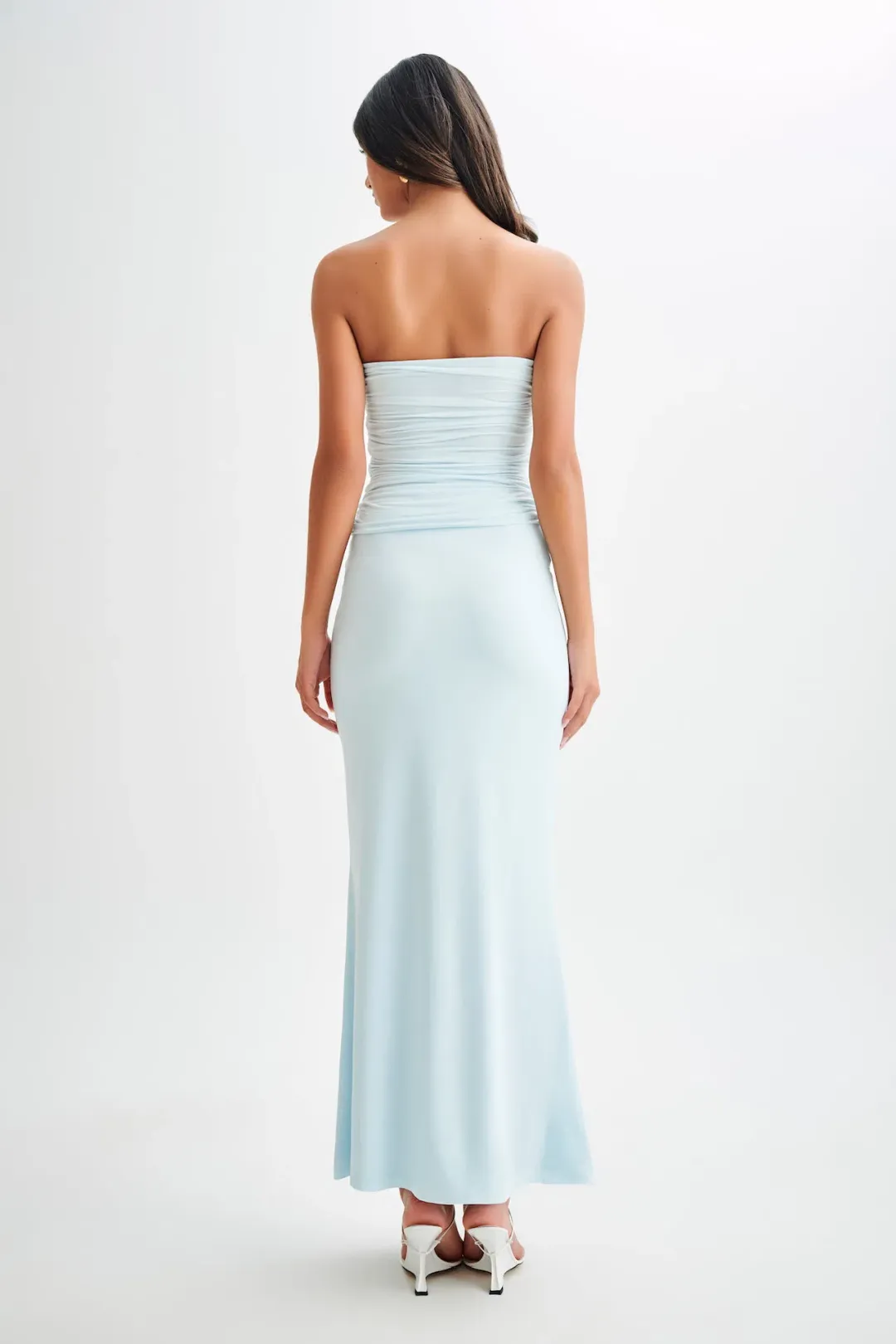 Meshki Winslet Strapless Slinky Longline Top and Bruna Slinky Fishtail Skirt Set in Sky Blue Size S / AU 8 for rent on The Volte - main image
