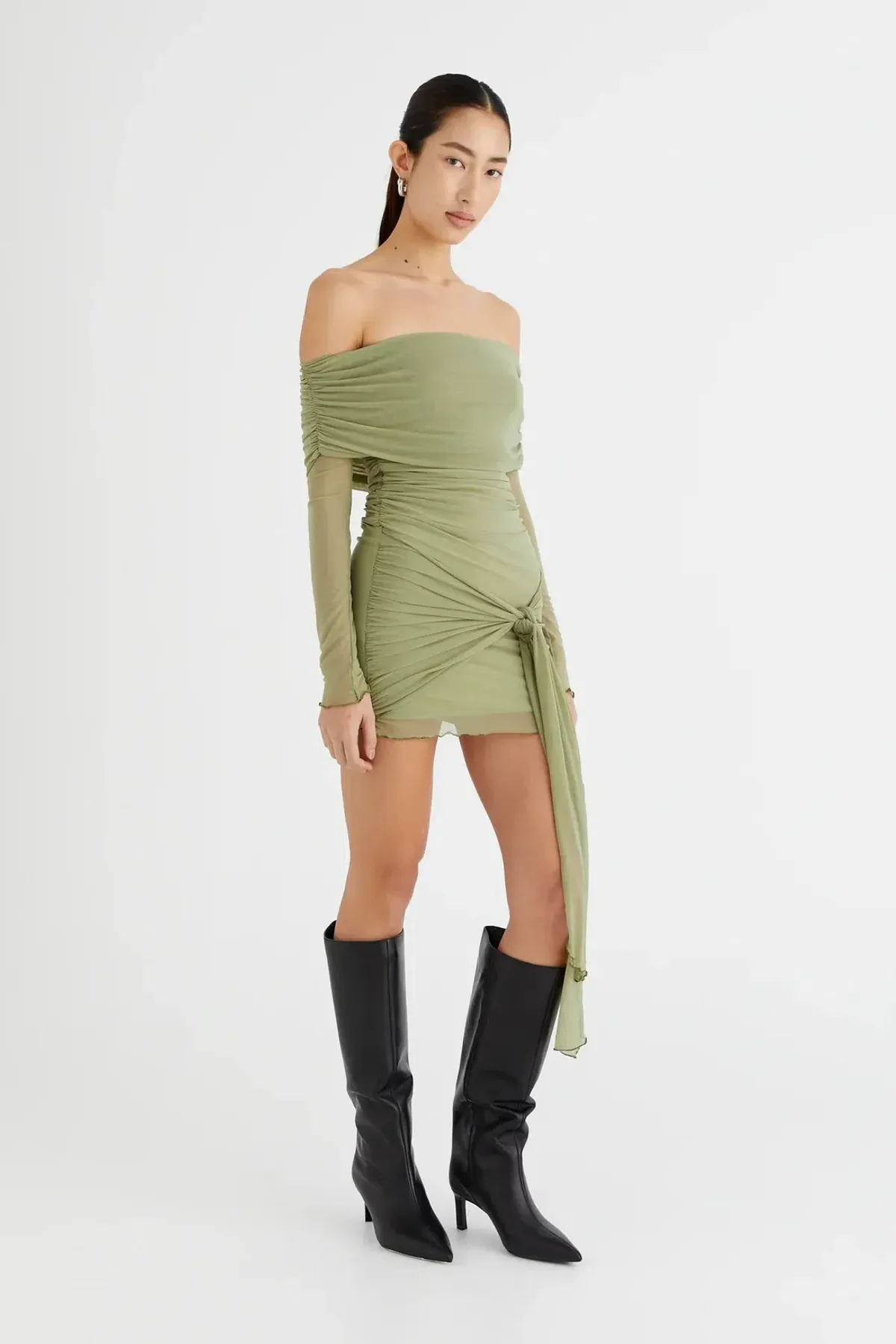 Benni Yasmin Off Shoulder Mini Dress Pistachio Size 6 for rent on The Volte - main image