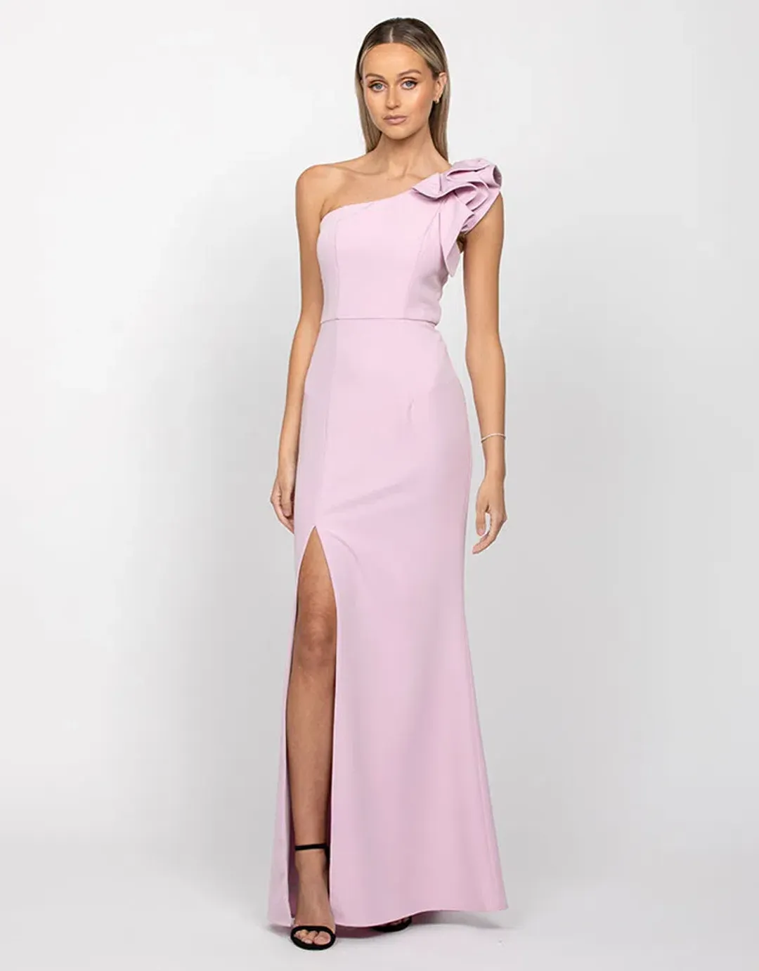 Bariano Sue Frill Shoulder Gown Lilac Size 4 for rent on The Volte - main image