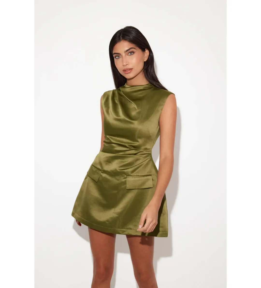 Odd Muse The Ultimate Satin Straight Neck Mini Dress in Olive Size AU 12 for rent on The Volte - main image