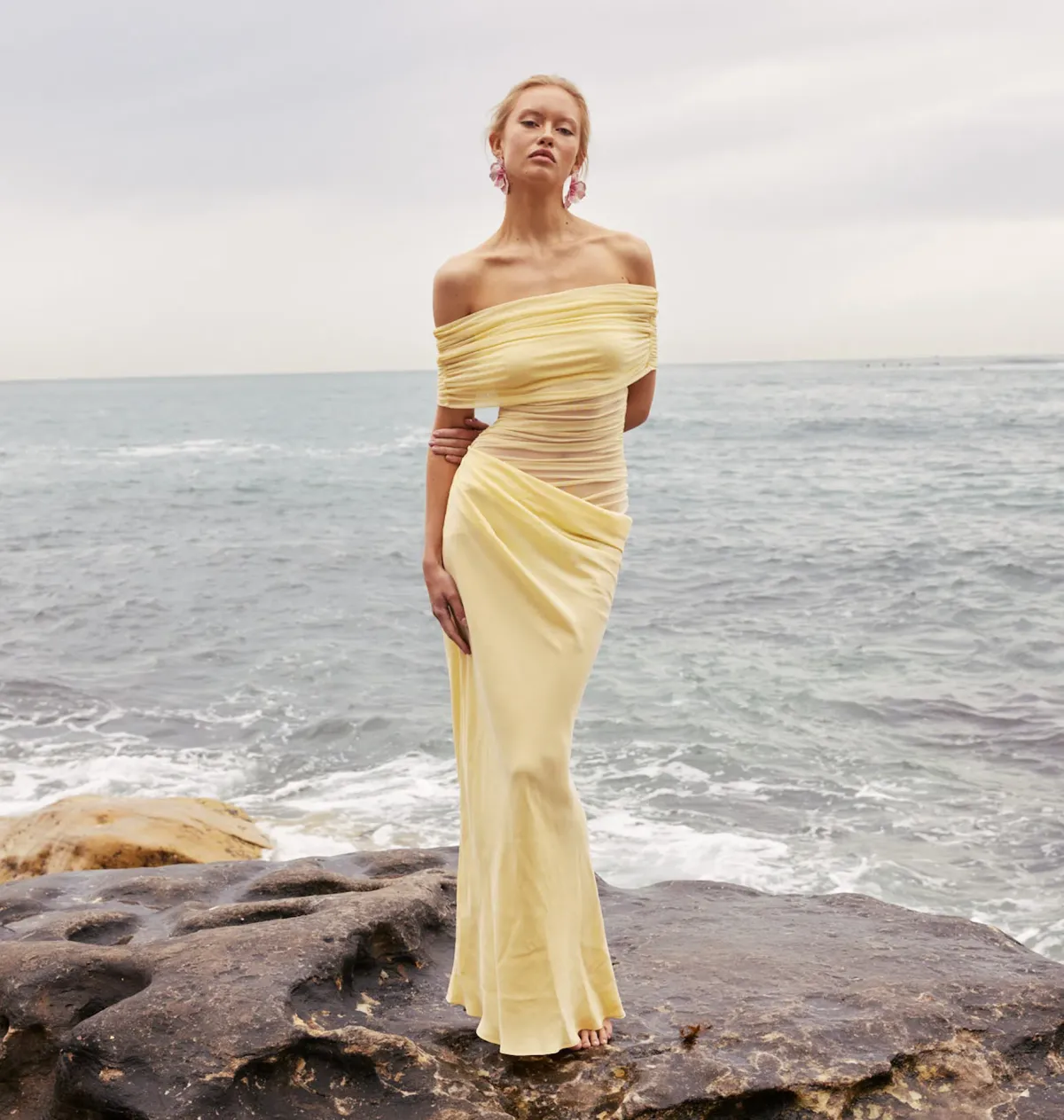 Benni Nico Off Shoulder Maxi Dress Butter Size 8 for rent on The Volte - main image