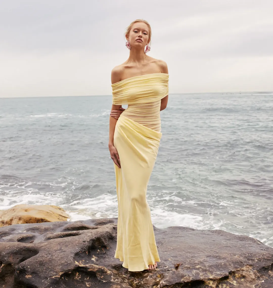 Benni Nico Off Shoulder Maxi Dress Butter Size 10 for rent on The Volte - main image