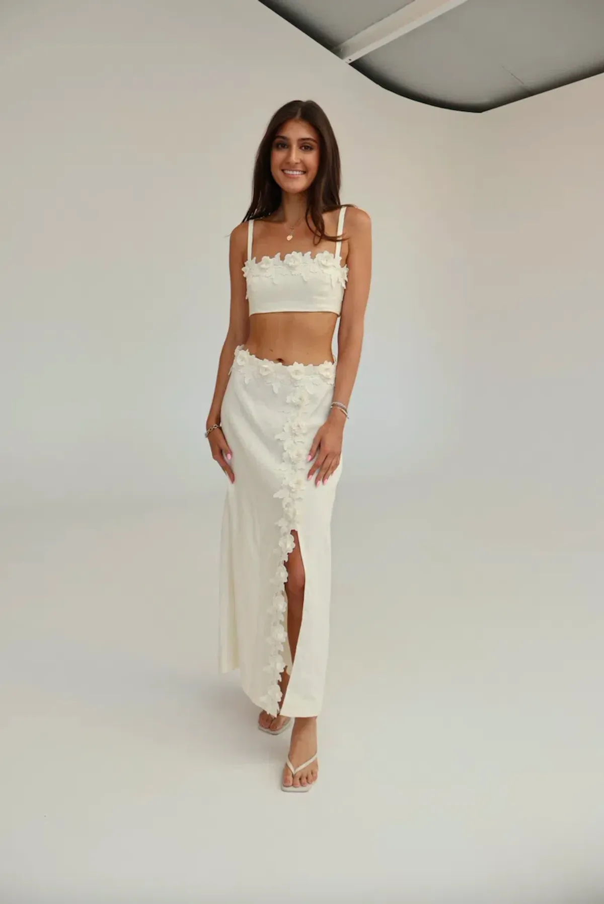 Oroton Rosebud Lace Bralet and Midi Skirt Set Soft Cream Size 8 for rent on The Volte - main image