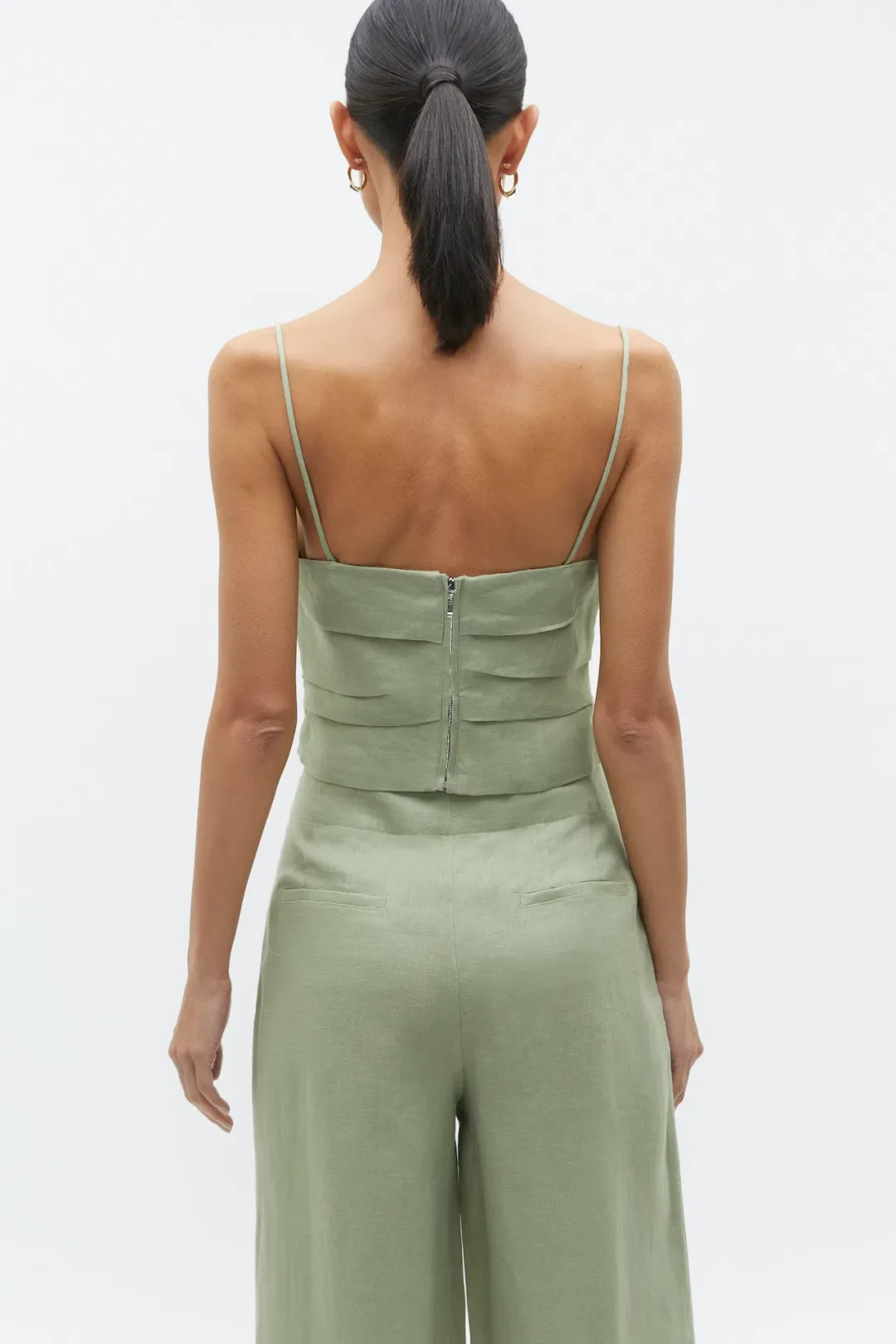 Seed Heritage Linen Balconette Top & Core Linen Waisted Pant Set Pale Olive Green Size 8 for rent on The Volte - main image