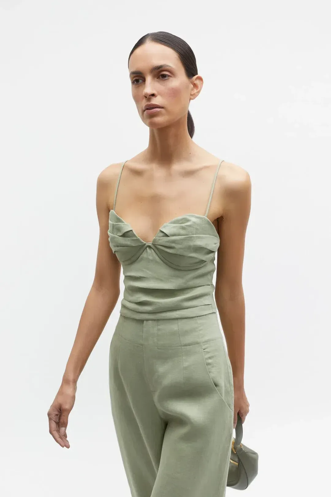 Seed Heritage Linen Balconette Top & Core Linen Waisted Pant Set Pale Olive Green Size 8 for rent on The Volte - main image