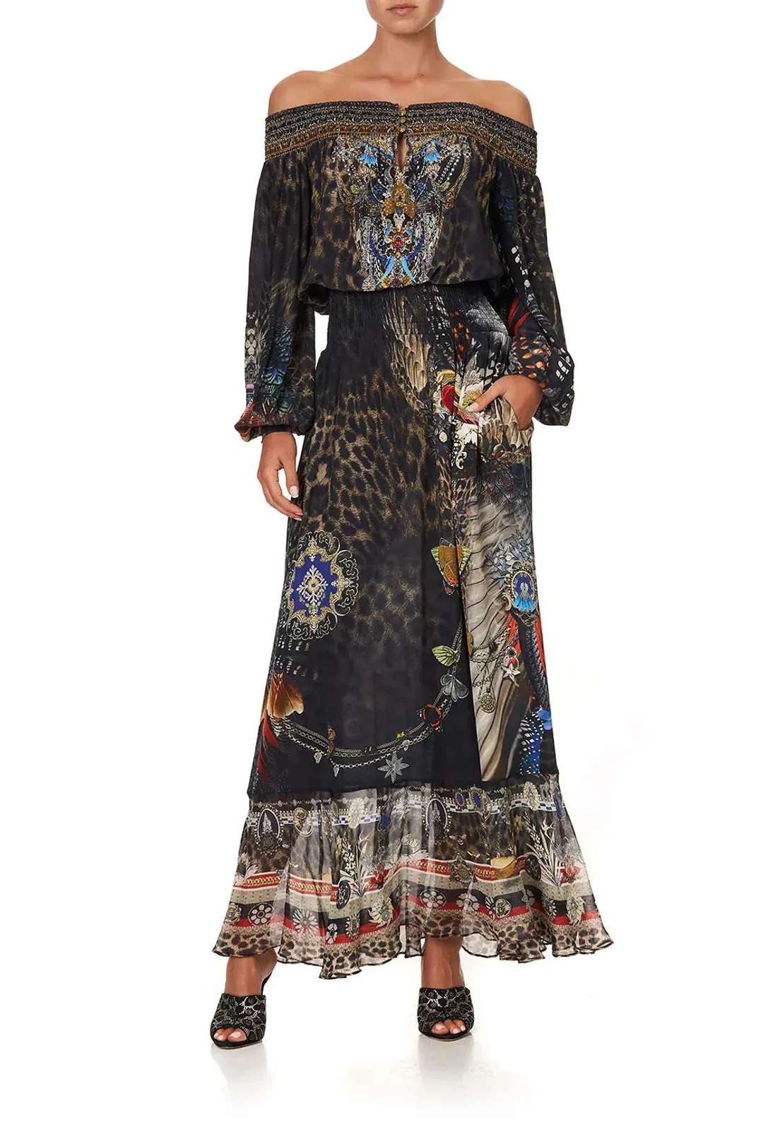 Camilla Treasure Chaser Off Shoulder Shirred Dress Print Size XXL / AU 18 for rent on The Volte - main image
