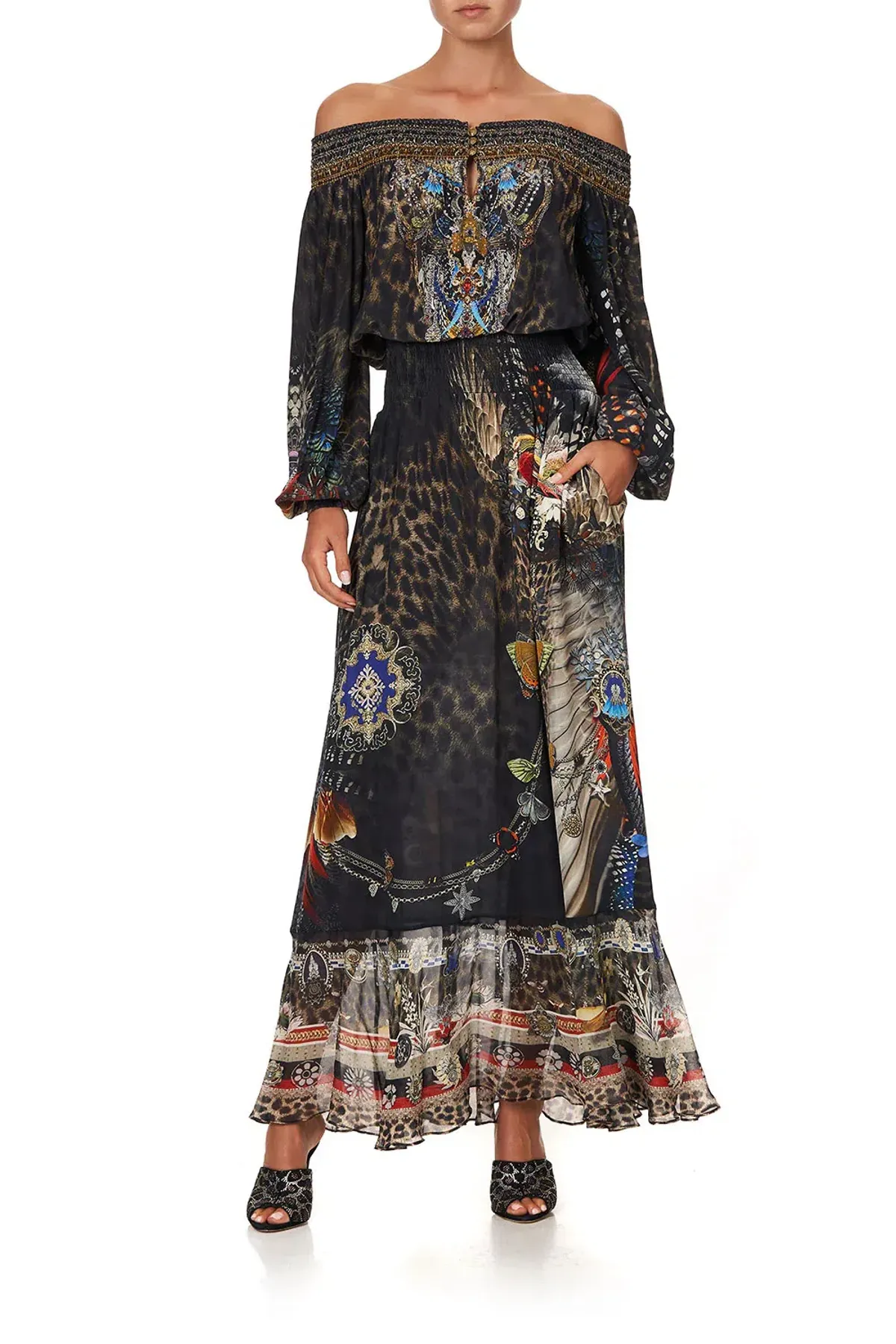 Camilla Treasure Chaser Off Shoulder Shirred Dress Print Size XXL / AU 18 for rent on The Volte - main image
