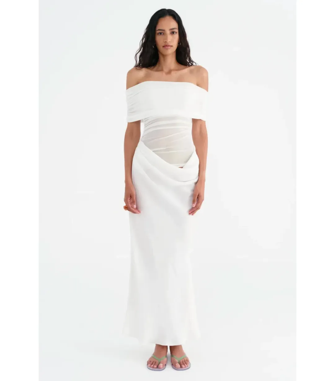 Benni Nico Off Shoulder Maxi Dress in White Size AU 12  for rent on The Volte - main image