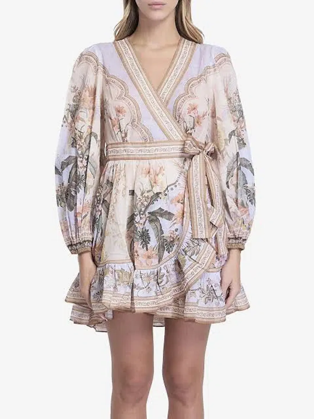 Zimmermann Wylie Mini Wrap Frill Dress in Blue Floral Size 3 / AU 14 for rent on The Volte - main image