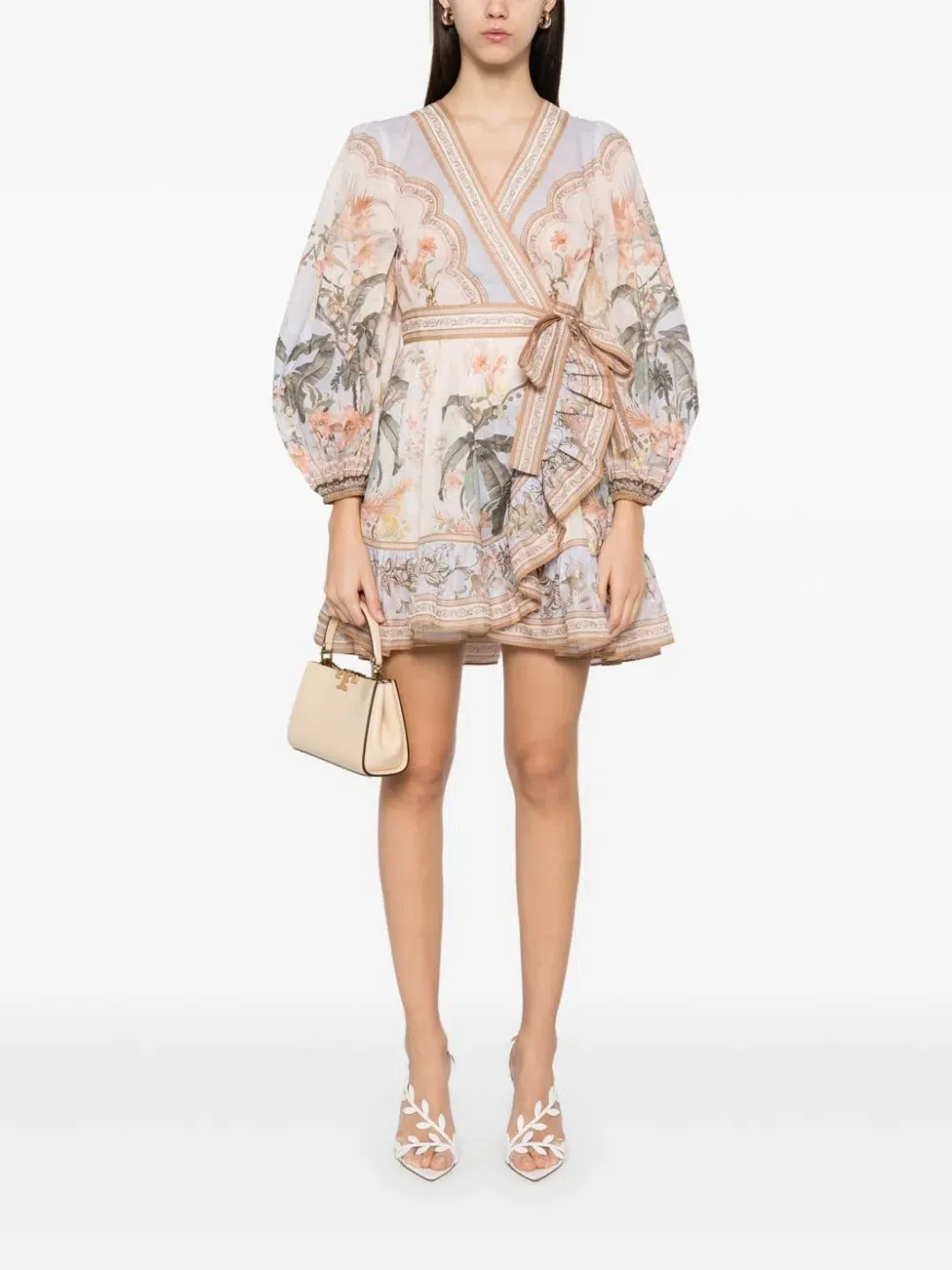 Zimmermann Wylie Mini Wrap Frill Dress in Blue Floral Size 3 / AU 14 for rent on The Volte - main image