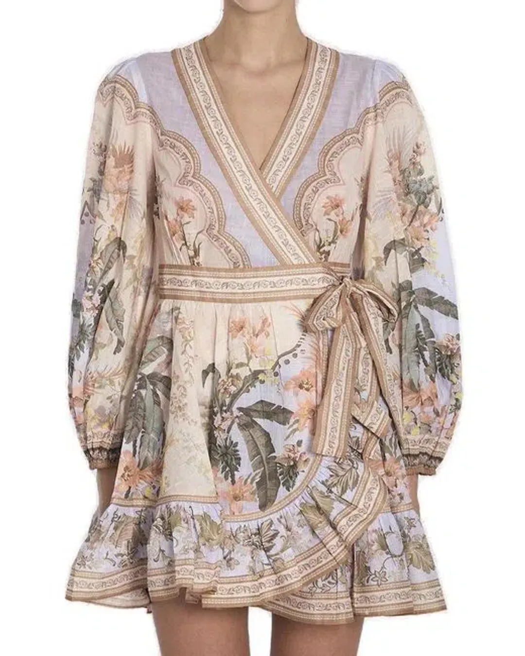 Zimmermann Wylie Mini Wrap Frill Dress in Blue Floral Size 3 / AU 14 for rent on The Volte - main image
