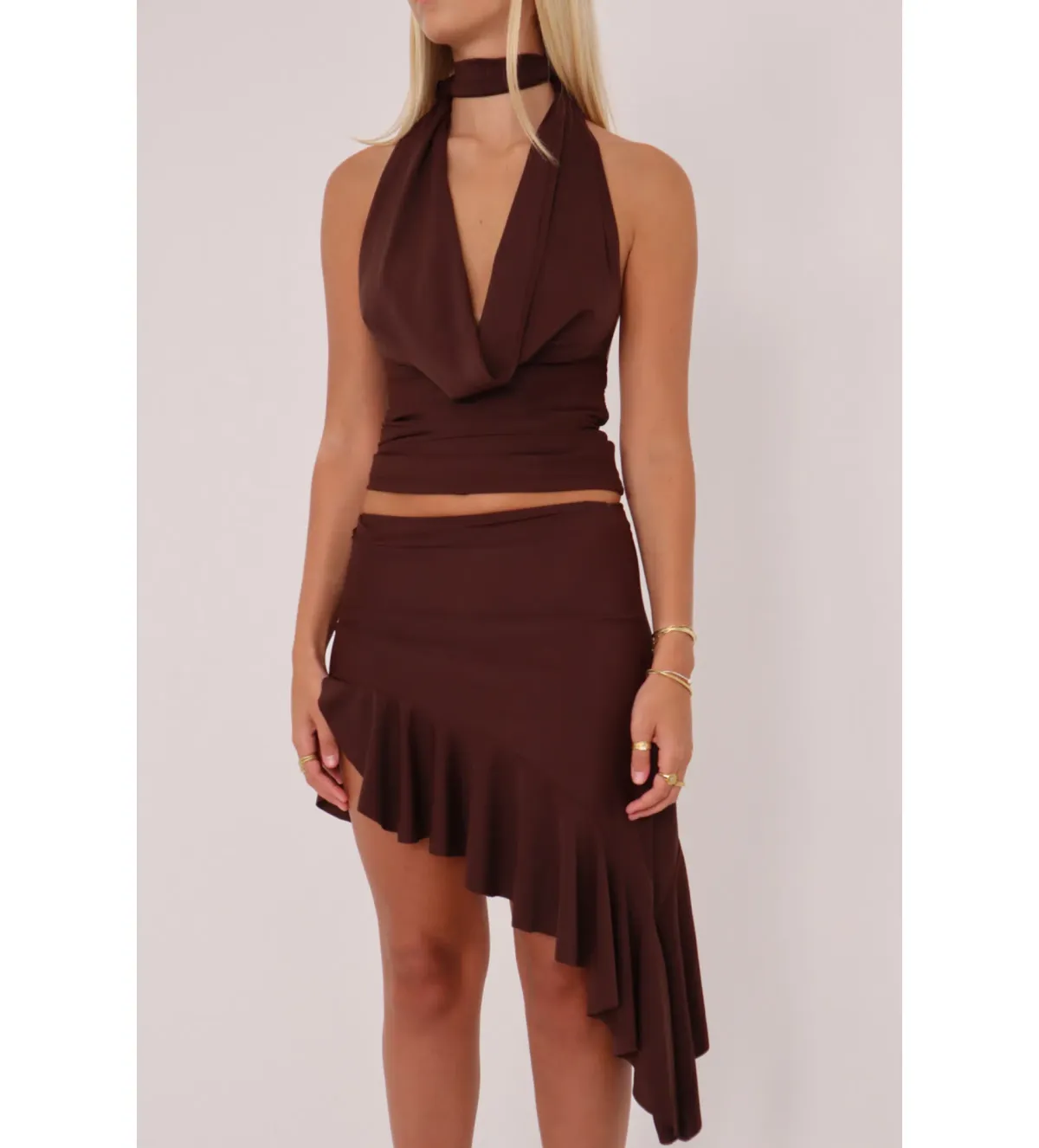 Orphe Sofia Midi Skirt & Halter Top Set Brown Size Small/AU 8 for rent on The Volte - main image