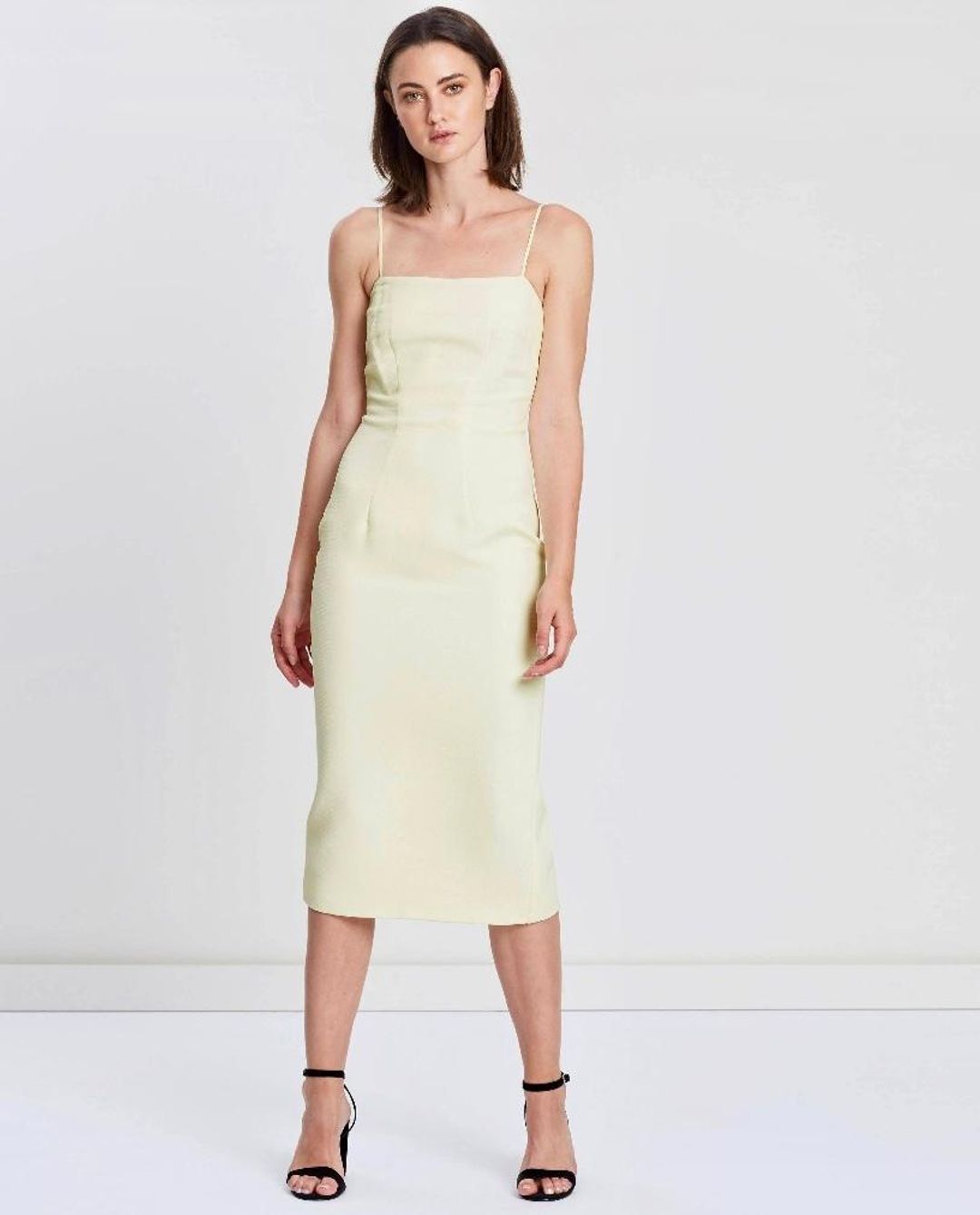 By Johnny Sorbet Yellow Structured Strappy Midi Dress Size 10 for rent on The Volte - main image