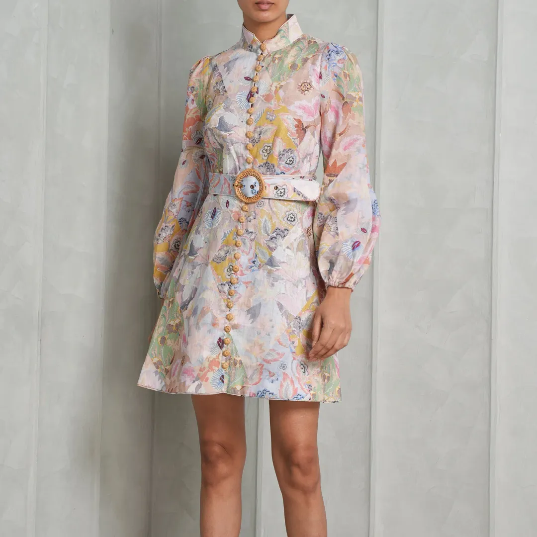 Zimmermann Illustration Belted Mini Dress Multi Floral Diamond Size 3 / AU 14 for rent on The Volte - main image