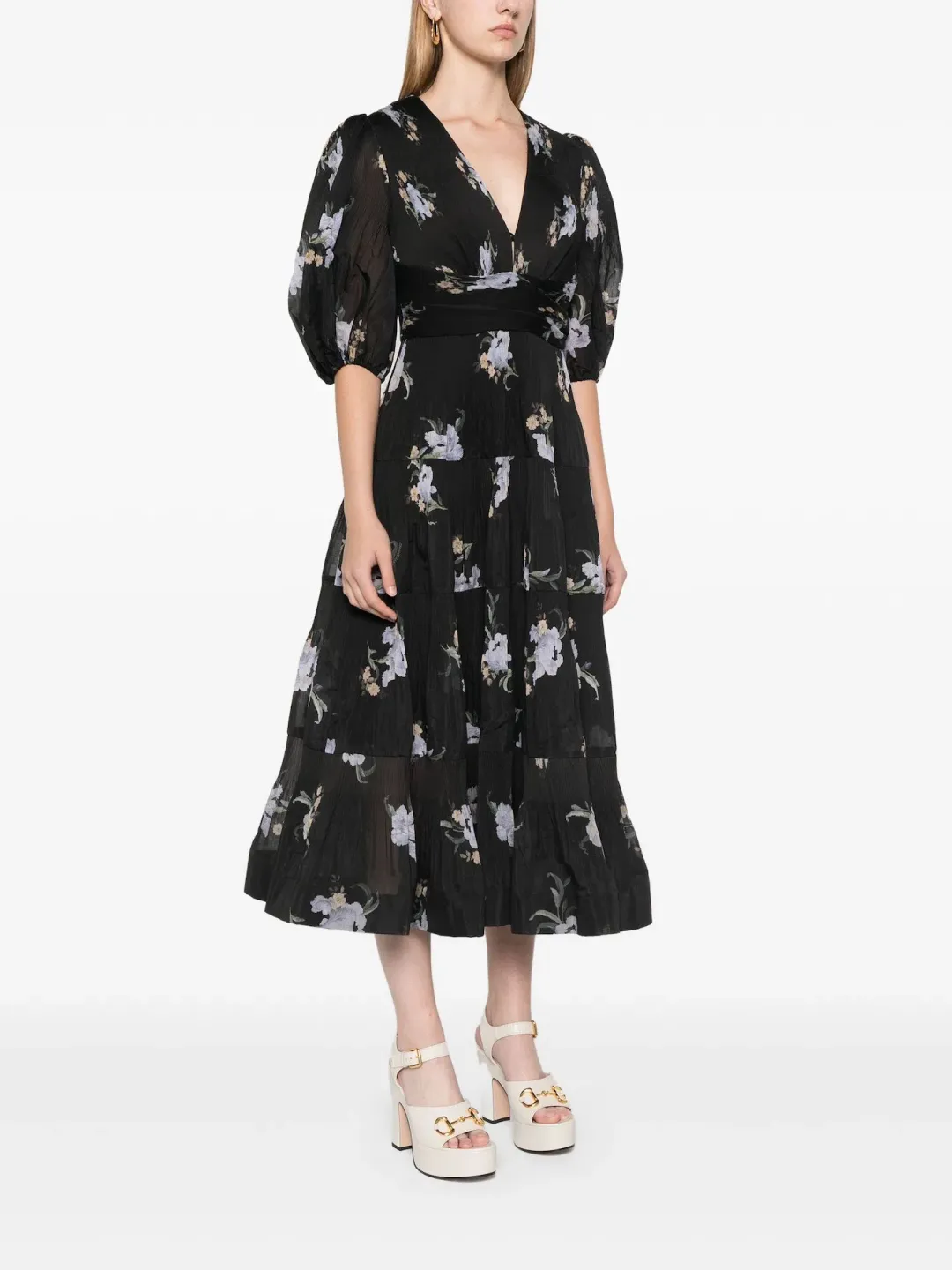 Zimmermann Pleated Midi Dress Black Iris Floral Size 1/ AU 10 for rent on The Volte - main image