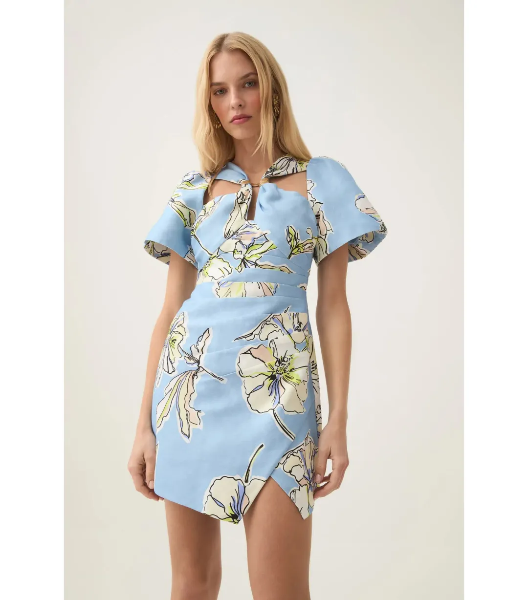 Aje Presence Twisted Mini Dress in Blue Hibiscus Size AU 12 for rent on The Volte - main image