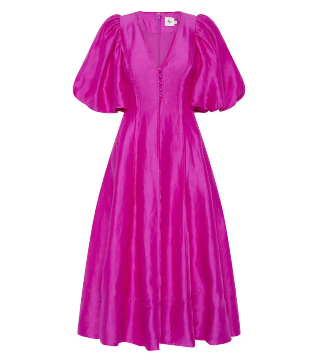 Aje Dusk Puff Sleeve Midi Dress Deep Magenta Size AU 16 for rent on The Volte - main image