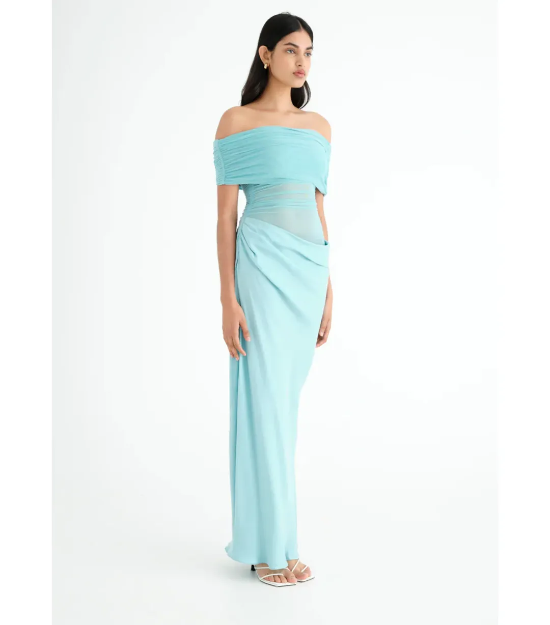 Benni Nico Off Shoulder Maxi Dress Aquamarine Size AU 8 for rent on The Volte - main image