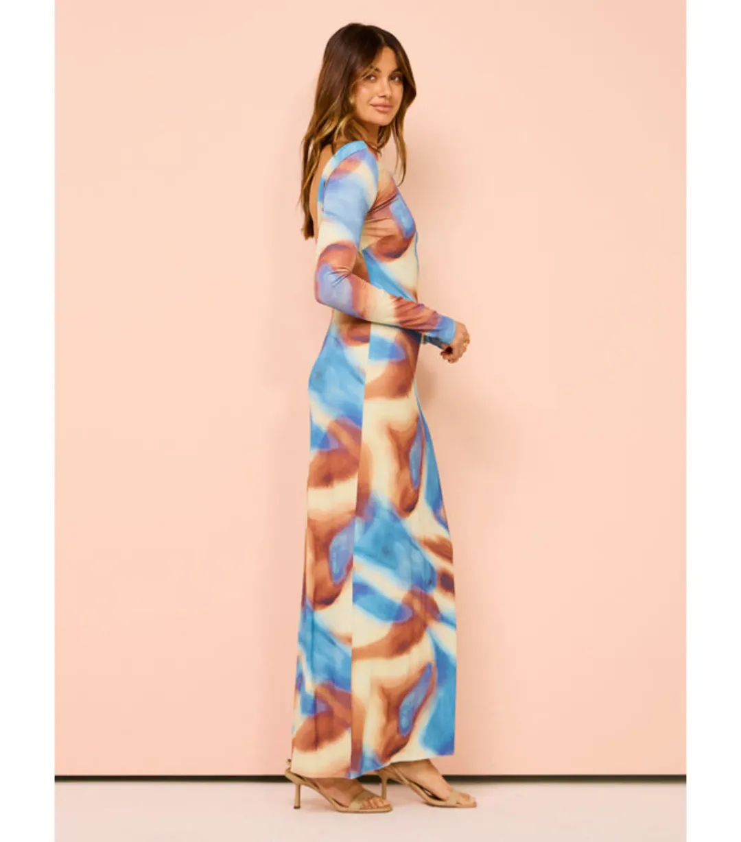 Issy Long Sleeve Maxi Dress in Blue Marble Size AU 16  for rent on The Volte - main image