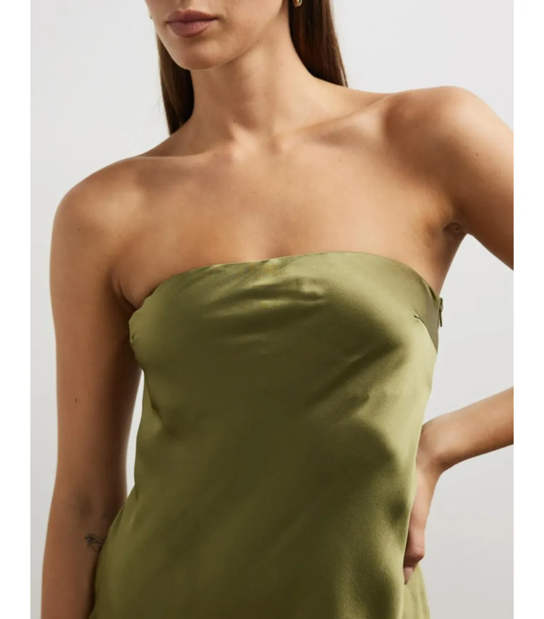 Minima Esenciales Koha Organic Silk Satin Column Dress Olive Branch Size AU 8 for rent on The Volte - main image
