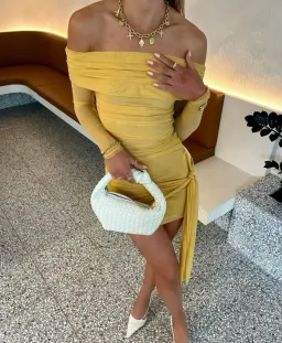 Benni Yasmin Off the Shoulder Mini Dress Mustard Size 8 for rent on The Volte - image 2