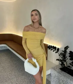 Benni Yasmin Off the Shoulder Mini Dress Mustard Size 8 for rent on The Volte - image 1