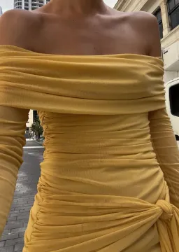 Benni Yasmin Off the Shoulder Mini Dress Mustard Size 8 for rent on The Volte - image 4