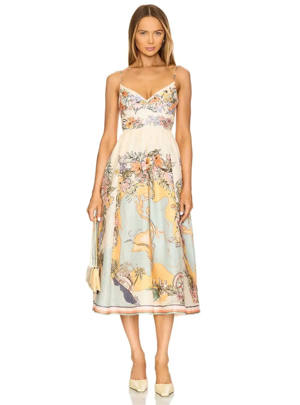 Zimmermann Tallow Tucked Bodice Midi Dress Nautical Map Size 1 / AU 10 for rent on The Volte - main image