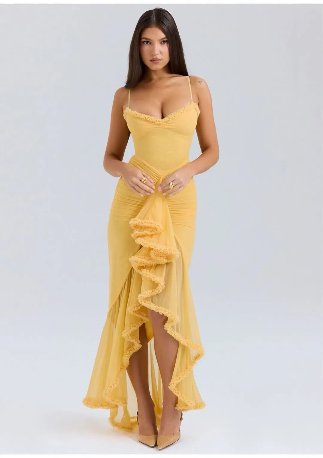 House Of CB Gabbi Ruffled Front Gown Apricot Size M / AU 10 for rent on The Volte - main image