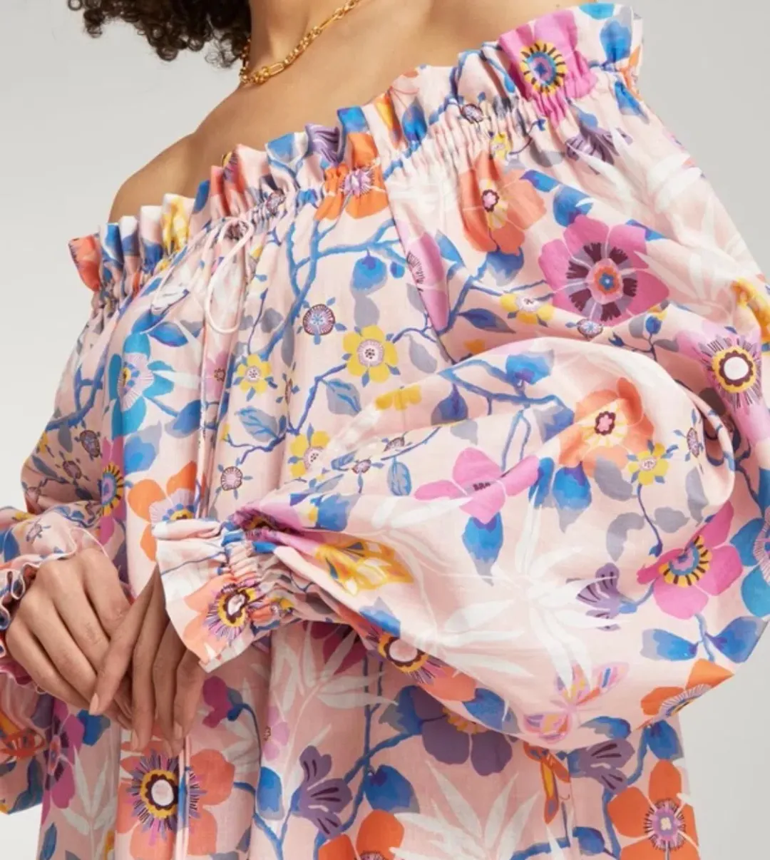 The Vampire’s Wife Mini Mob Off Shoulder Floral Print Slub Linen And Cotton Blend Dress in Baby Pink Size AU 10 for rent on The Volte - main image