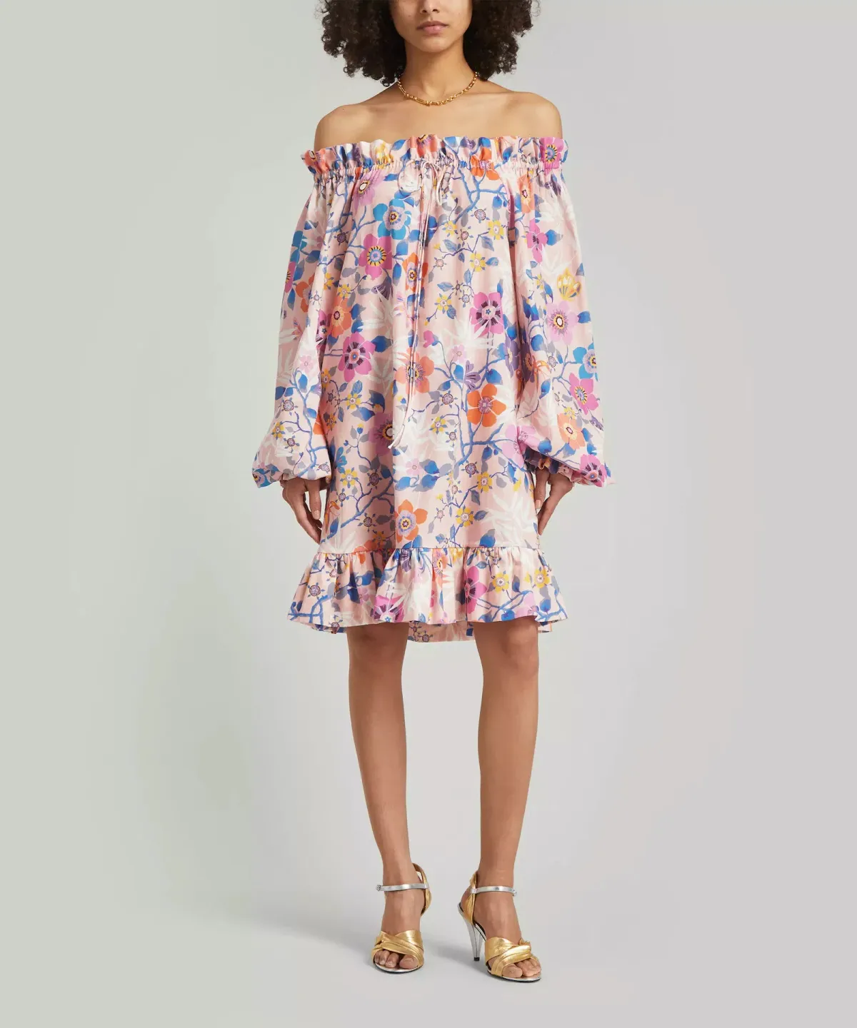 The Vampire’s Wife Mini Mob Off Shoulder Floral Print Slub Linen And Cotton Blend Dress in Baby Pink Size AU 10 for rent on The Volte - main image