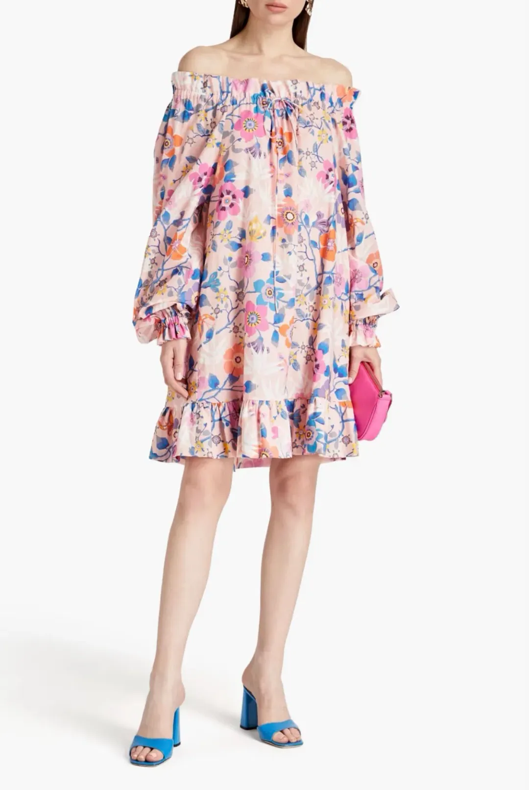 The Vampire’s Wife Mini Mob Off Shoulder Floral Print Slub Linen And Cotton Blend Dress in Baby Pink Size AU 10 for rent on The Volte - main image