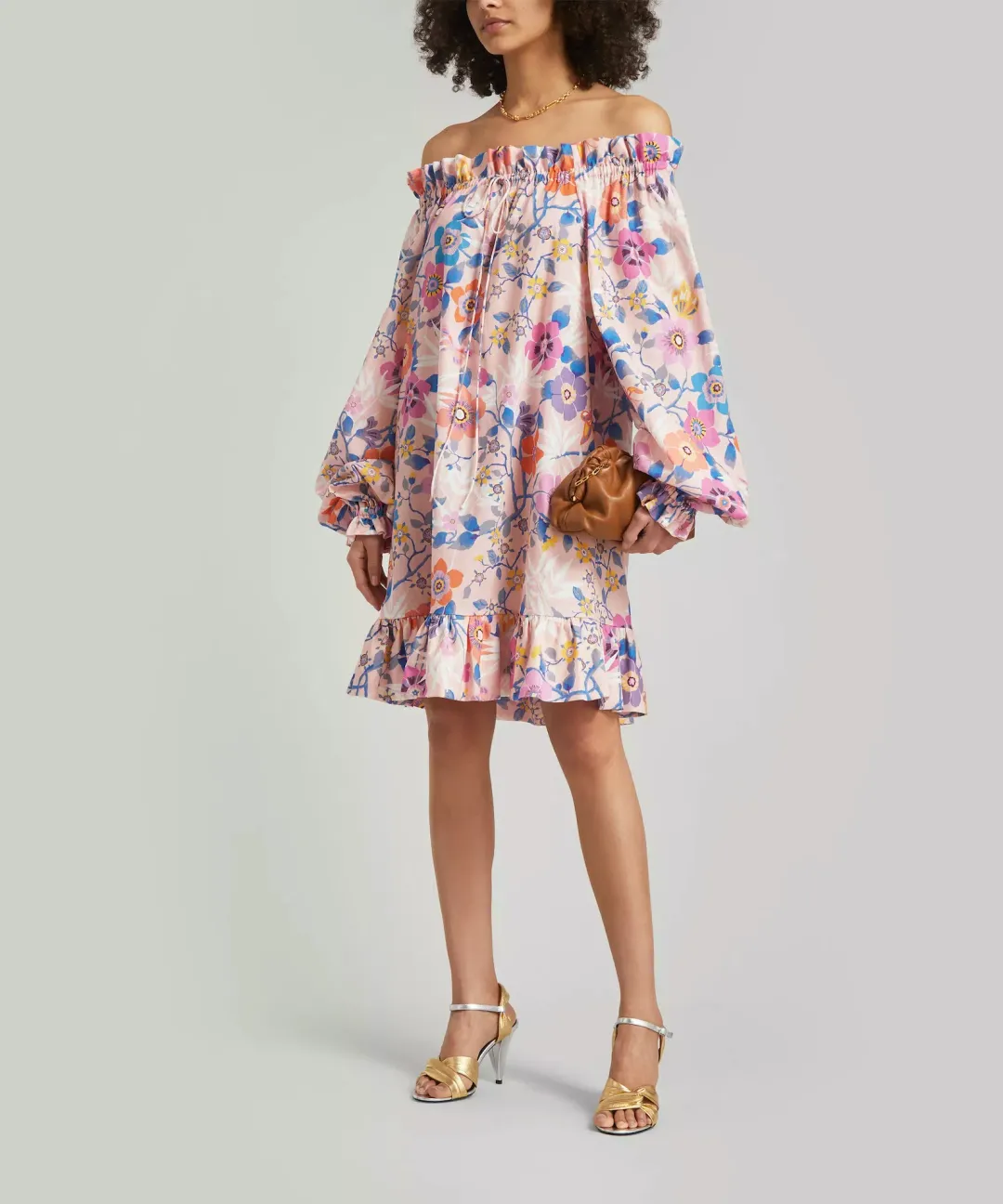 The Vampire’s Wife Mini Mob Off Shoulder Floral Print Slub Linen And Cotton Blend Dress in Baby Pink Size AU 10 for rent on The Volte - main image