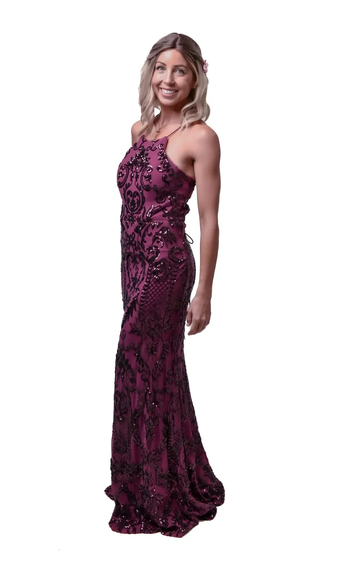 Bariano High Neck Maxi Dress Burgundy Size 8 for rent on The Volte - main image