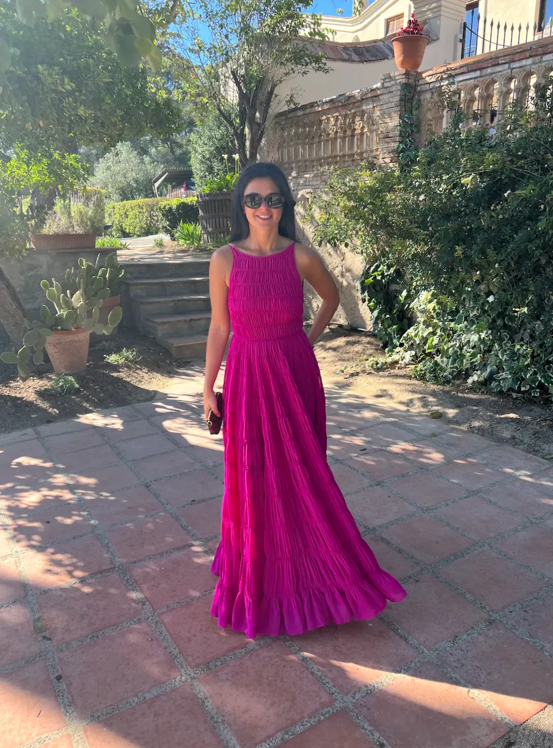 Aje Rosewood Ruched Maxi Dress Magenta Size AU 6 for rent on The Volte - main image