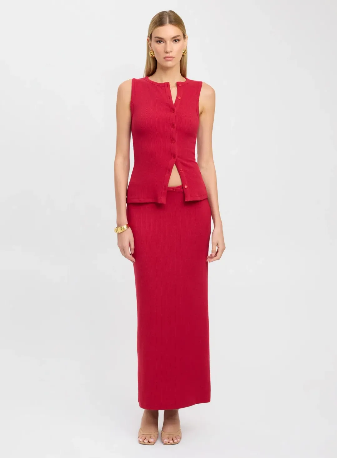 Kookai Bec Button Tank and Carter Maxi Skirt Set Cherry Red Size 6 for rent on The Volte - main image