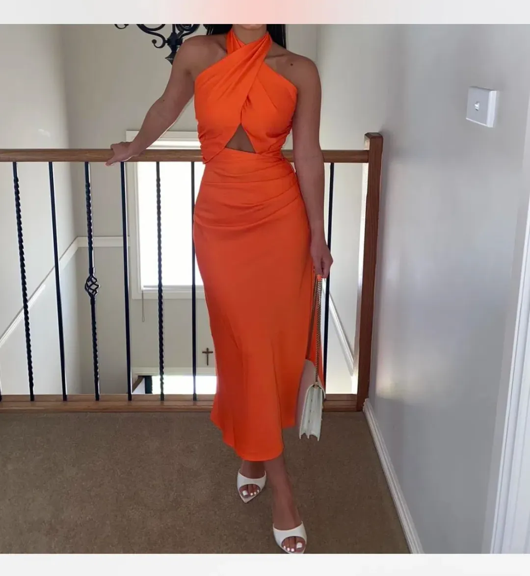 Misha Linnea Satin Midi Dress Orange Size 8 for rent on The Volte - main image