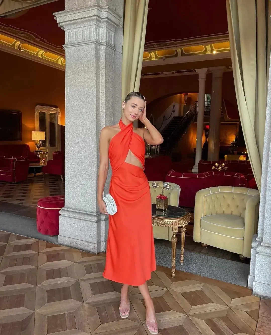 Misha Linnea Satin Midi Dress Orange Size 8 for rent on The Volte - main image