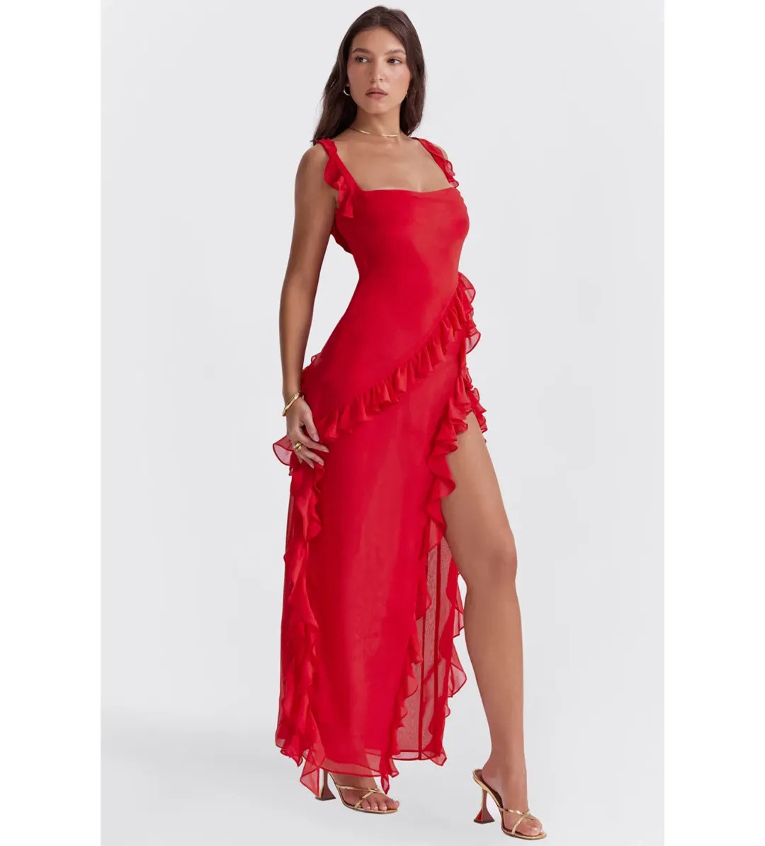 House of CB ARIELA Cherry Ruffle Maxi Dress Red Size 10 for rent on The Volte - main image