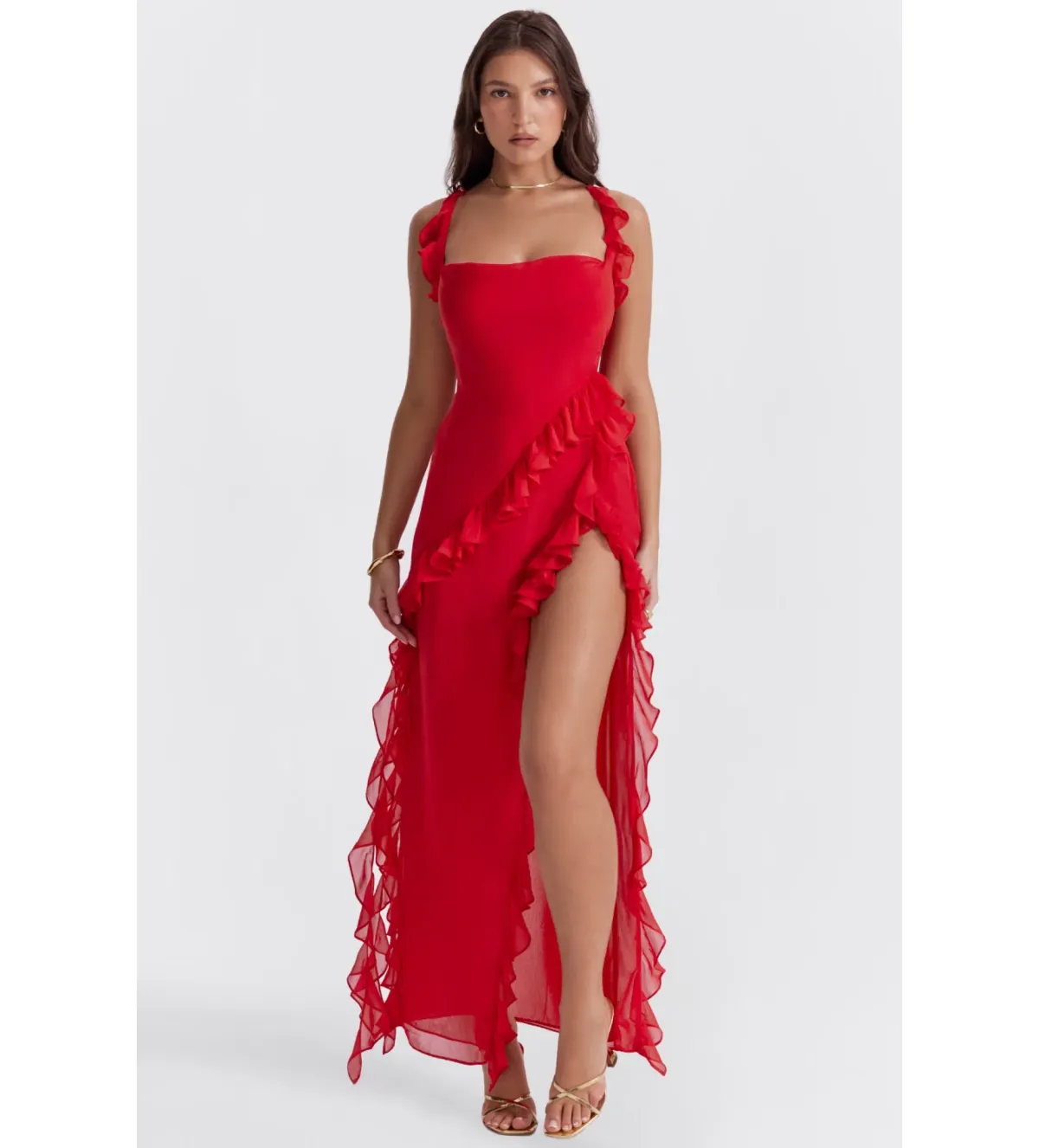 House of CB ARIELA Cherry Ruffle Maxi Dress Red Size 10 for rent on The Volte - main image