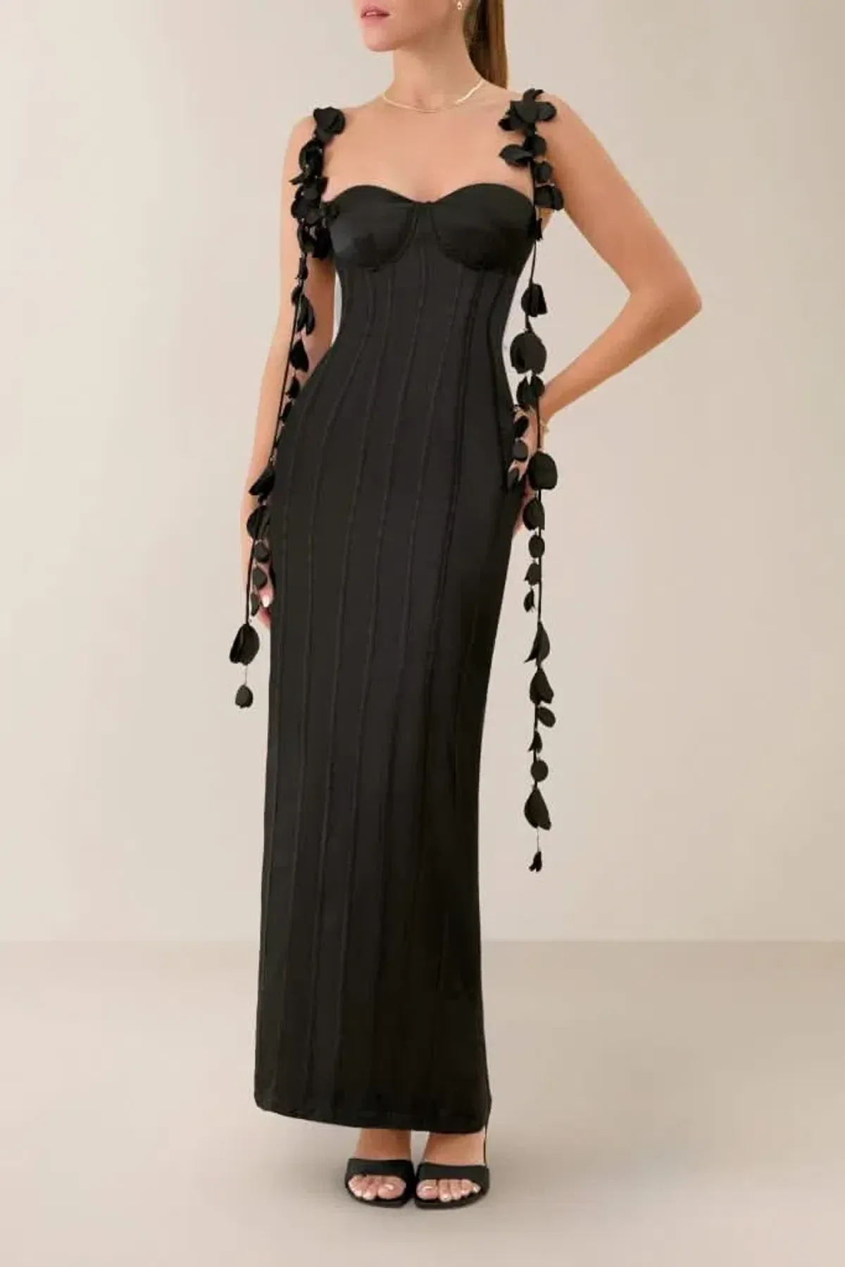 Heiress Beverly Hills Silk Petal Maxi Dress Black Size 10 for rent on The Volte - main image