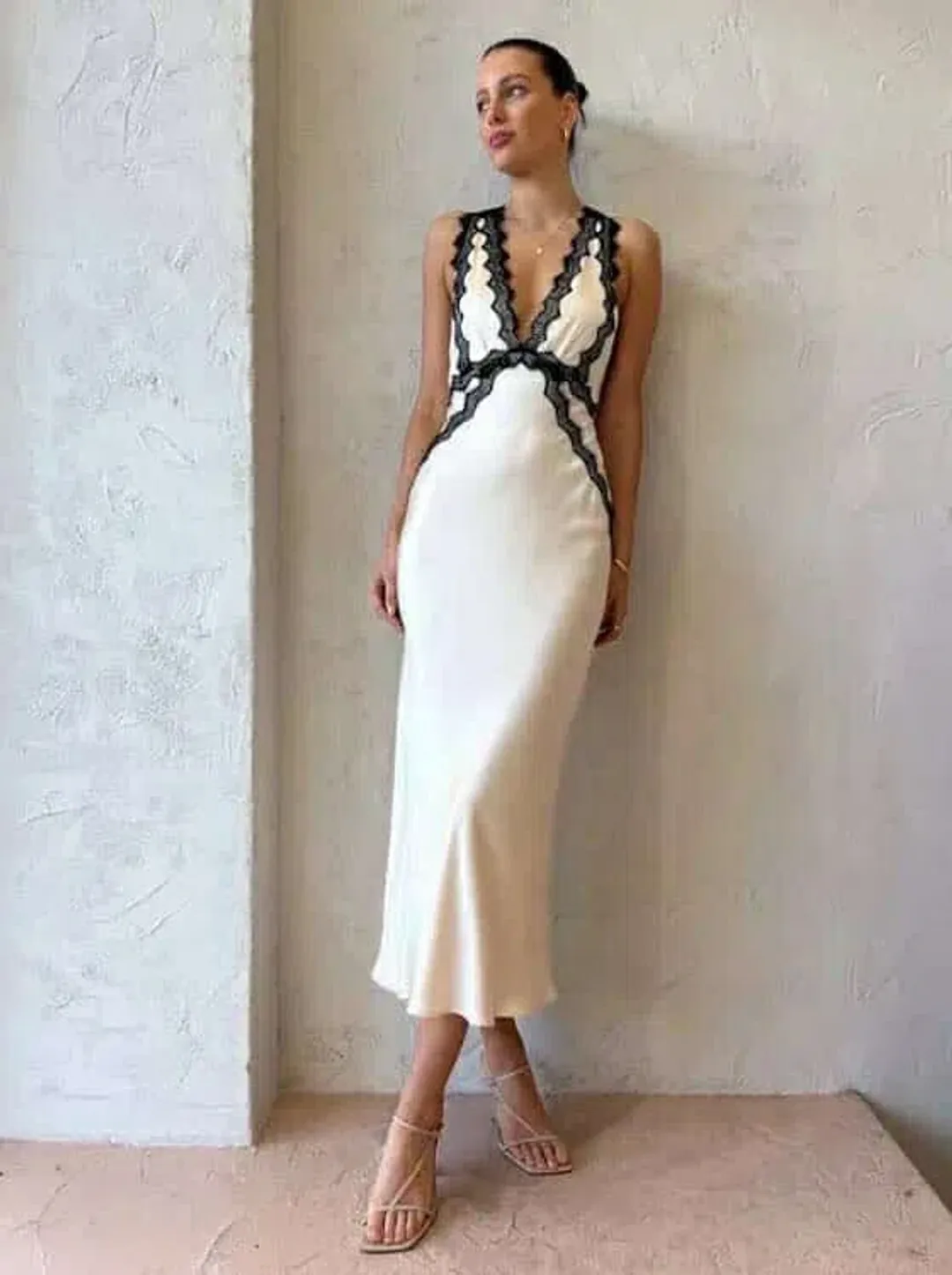 Shona Joy Camille Lace Cross Back Midi Dress in Cream/Black Size 10 for rent on The Volte - main image