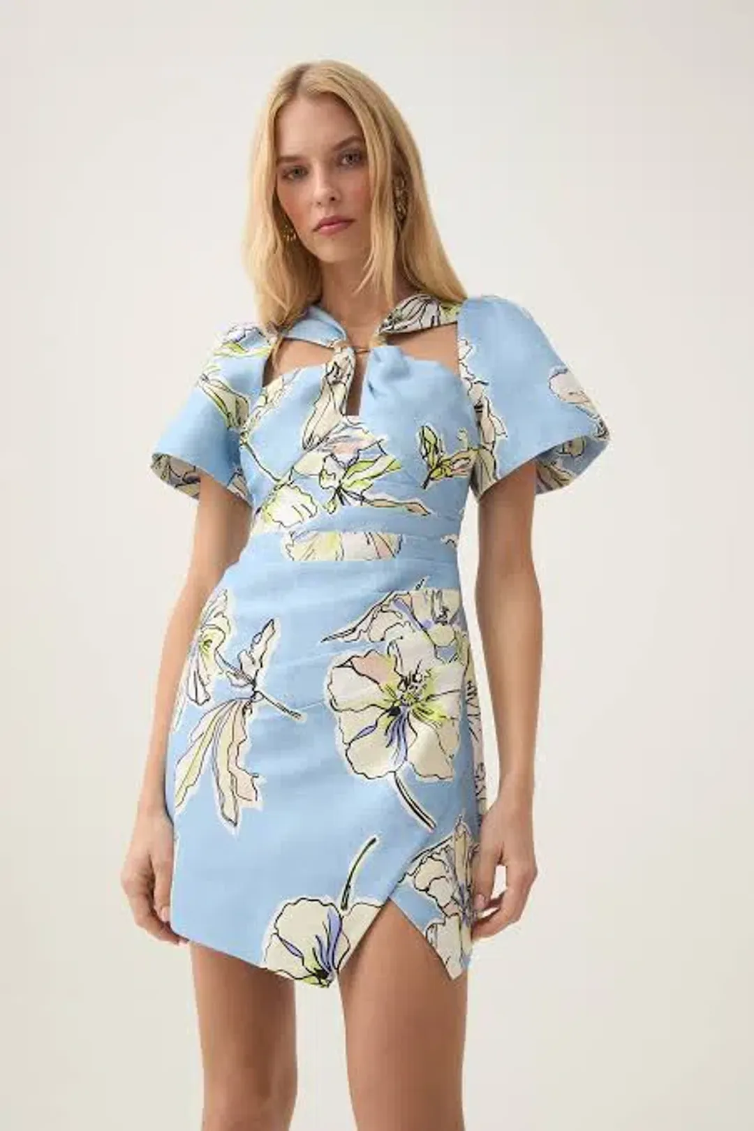 Aje Presence Twisted Mini Dress Blue Hibiscus Size 8 for rent on The Volte - main image