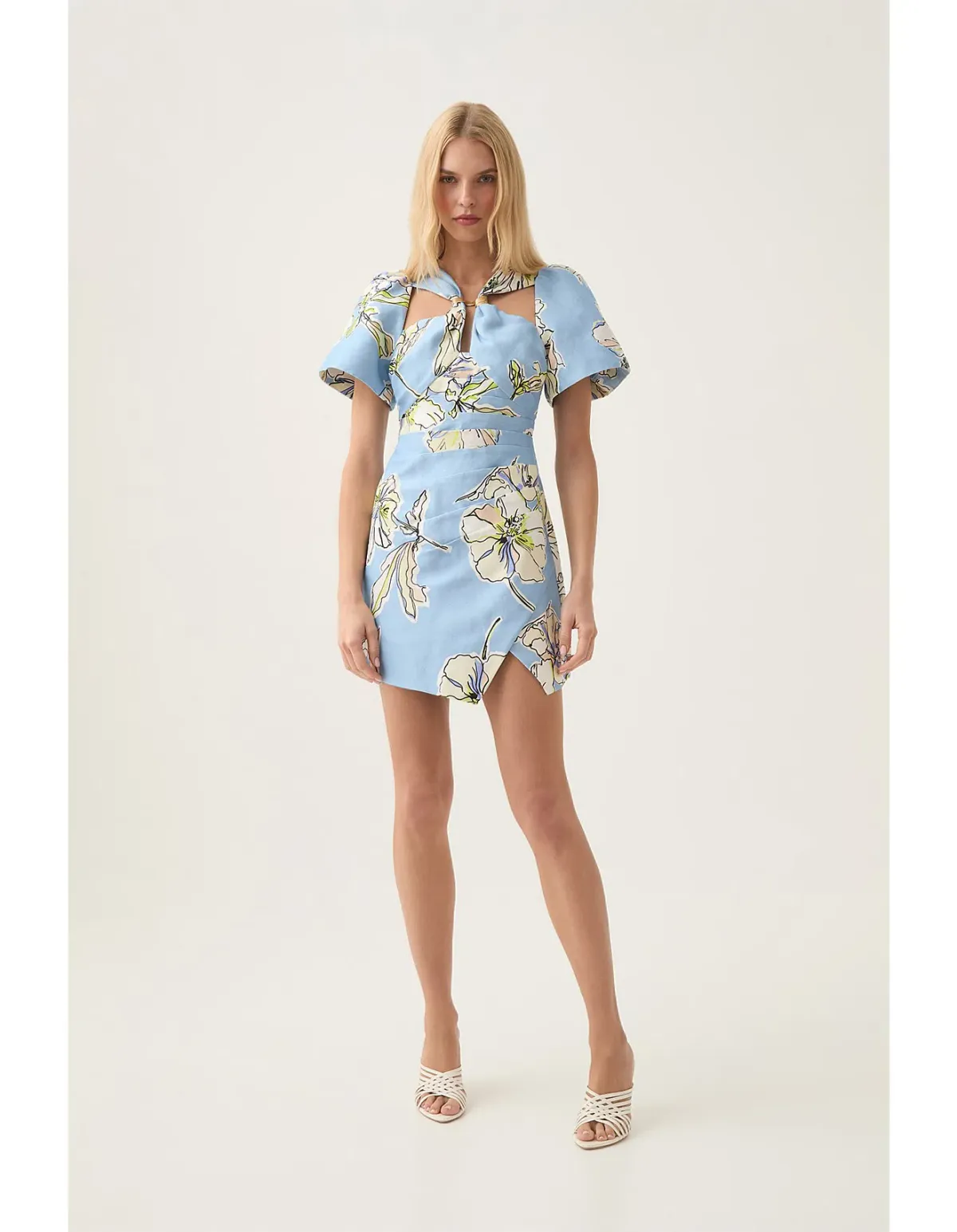 Aje Presence Twisted Mini Dress Blue Hibiscus Size 8 for rent on The Volte - main image