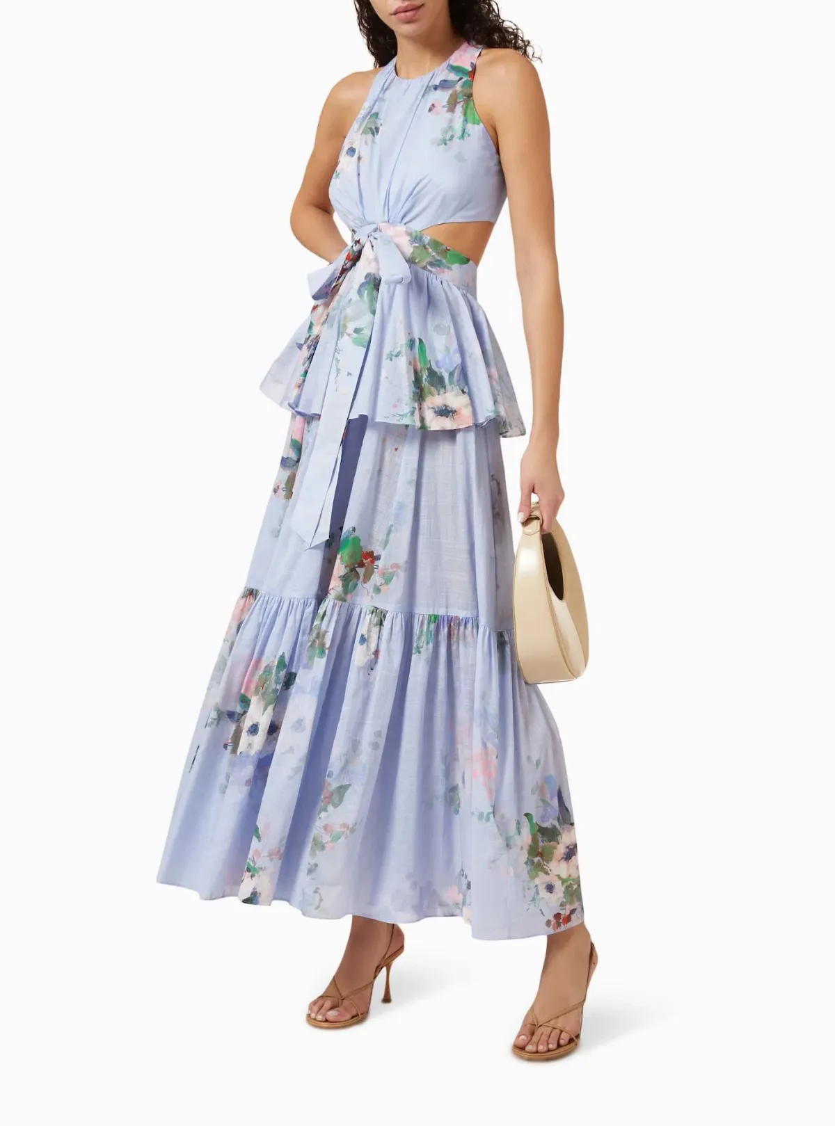 Zimmermann Everley Draped Bow Midi Dress Light Blue Watercolour Floral Size 0 / AU 8 for rent on The Volte - main image
