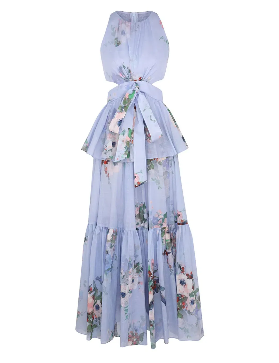 Zimmermann Everley Draped Bow Midi Dress Light Blue Watercolour Floral Size 0 / AU 8 for rent on The Volte - main image