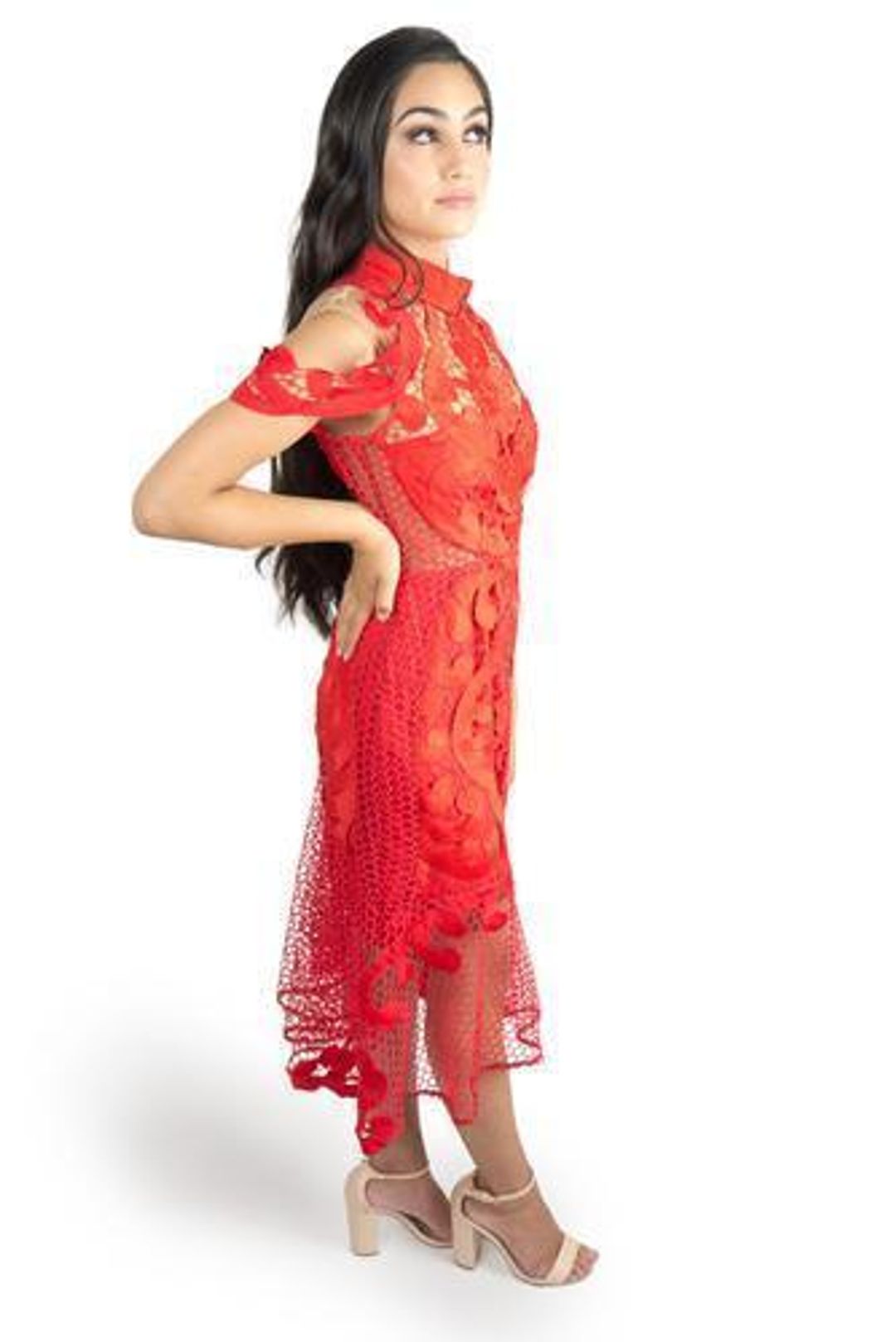 Thurley Red Midi Lace Dress 6 for rent on The Volte - main image