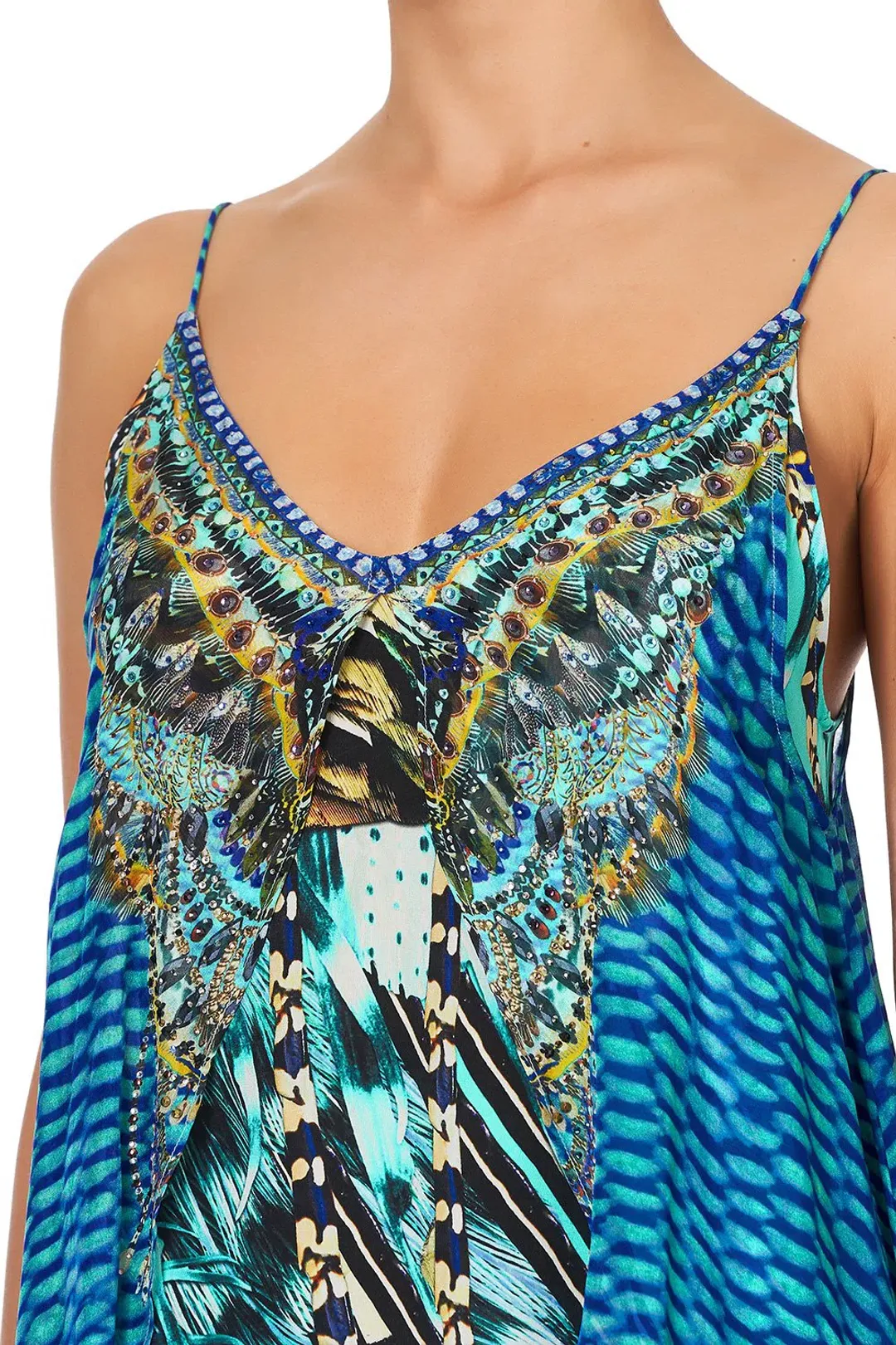 Camilla Flared Mini Dress With Sheer Overlay in Marine Queen Size 6 for rent on The Volte - main image