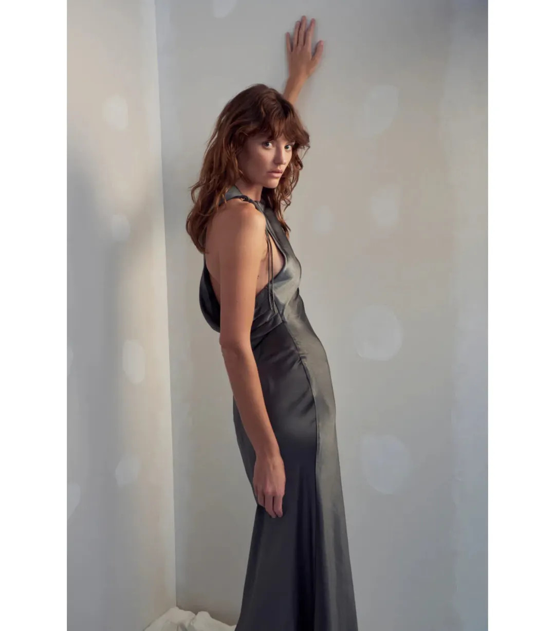 Misha Santana Gloss Satin Maxi Dress in Pewter Size 8/S for rent on The Volte - main image