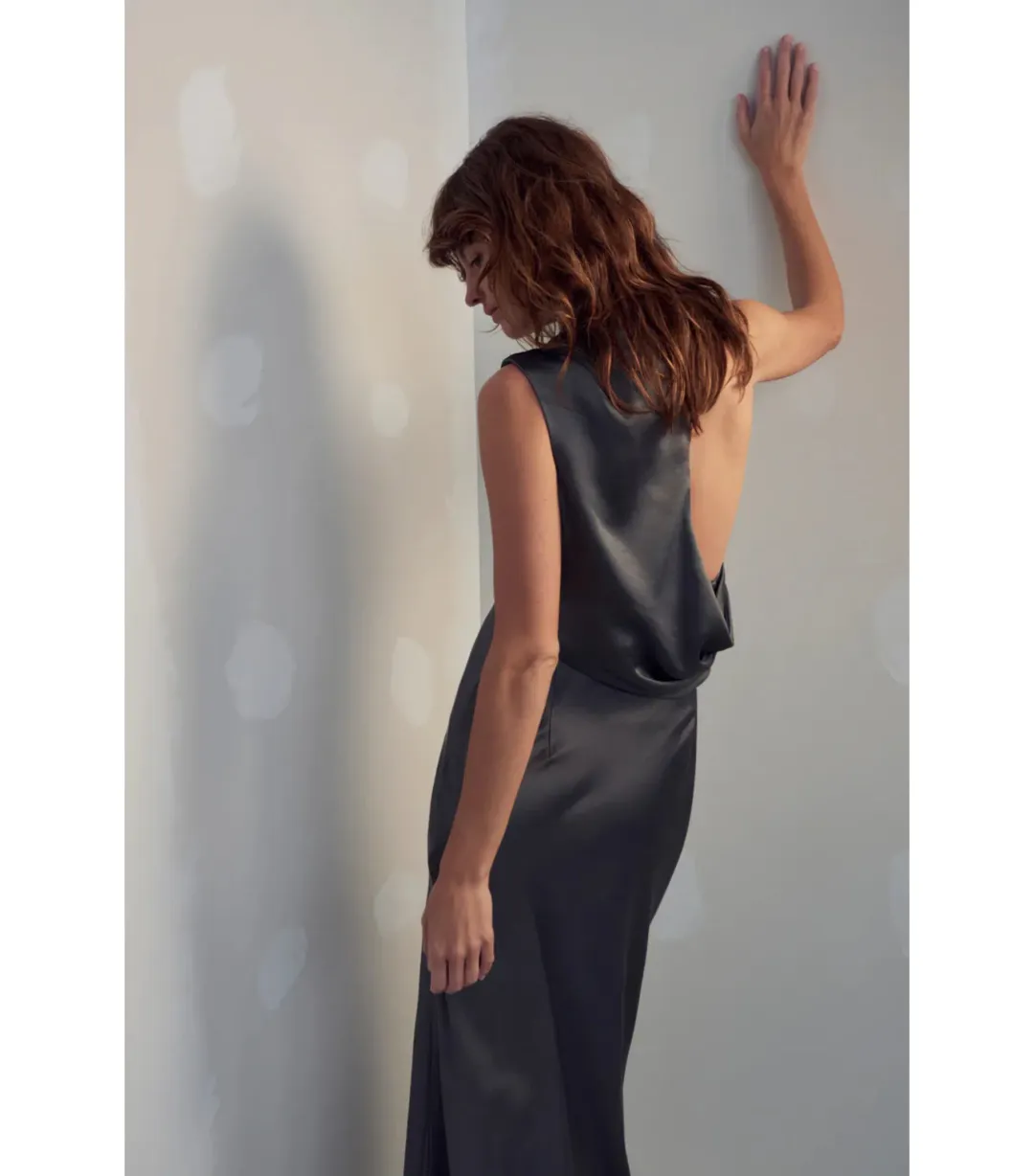 Misha Santana Gloss Satin Maxi Dress in Pewter Size 8/S for rent on The Volte - main image